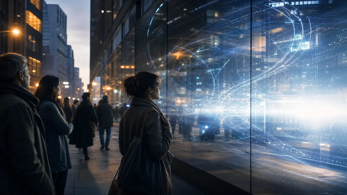 People hesitating near an abstract AI interface as public trust turns cautious
