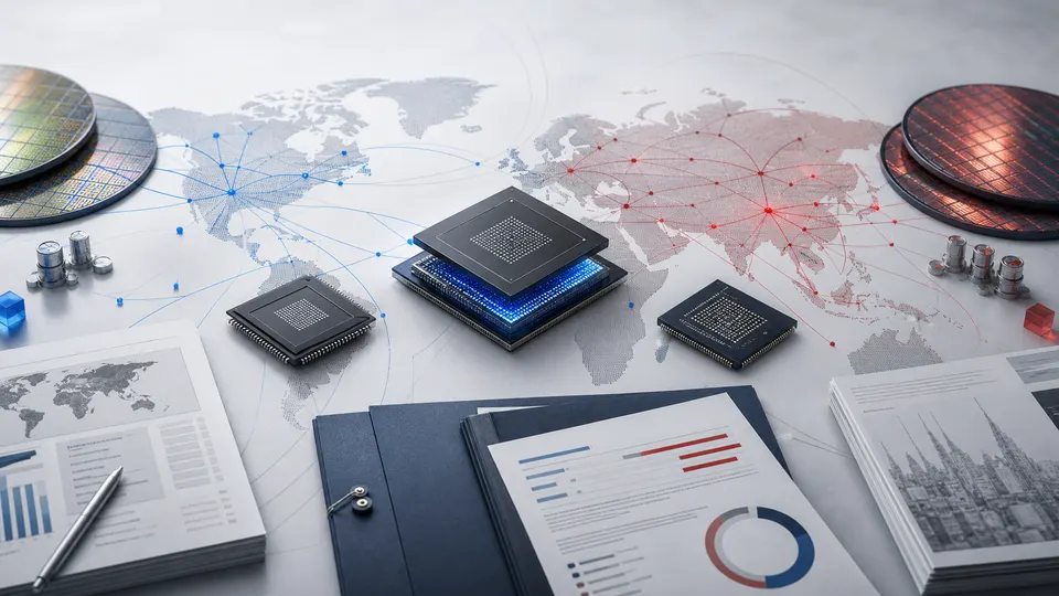 Semiconductor wafers and global policy maps on a strategic briefing table