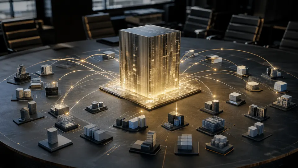 Large AI lab model surrounded by smaller startup blocks on a venture table
