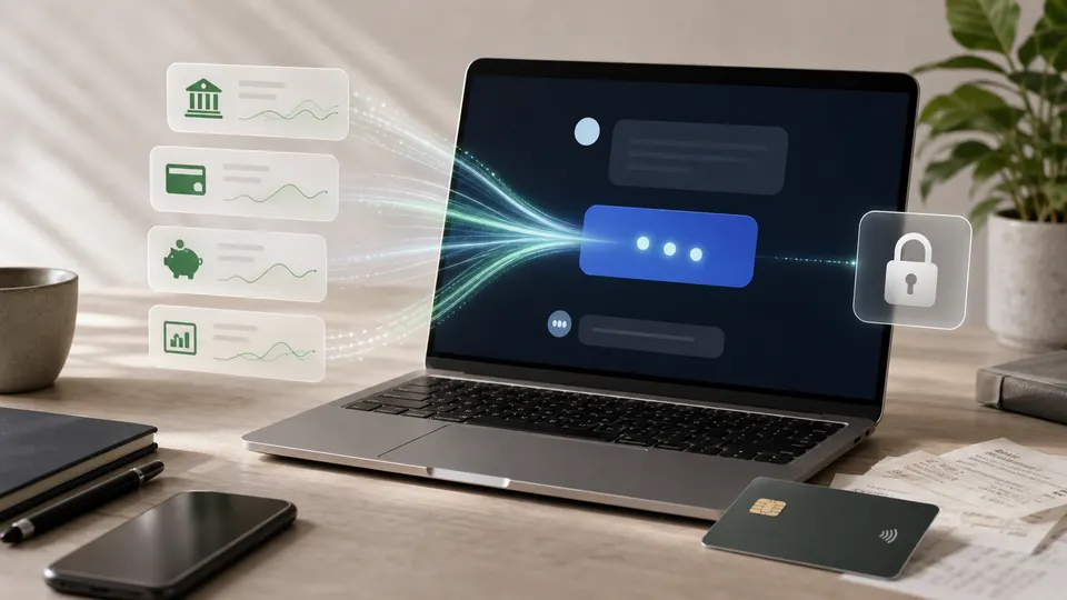 Abstract personal finance data flowing into an AI assistant on a desk