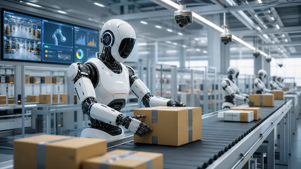 Humanoid warehouse robots sorting packages on a conveyor line under monitoring