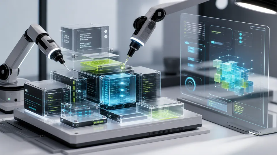 Modular code blocks inspected by AI agent tools on a developer workstation